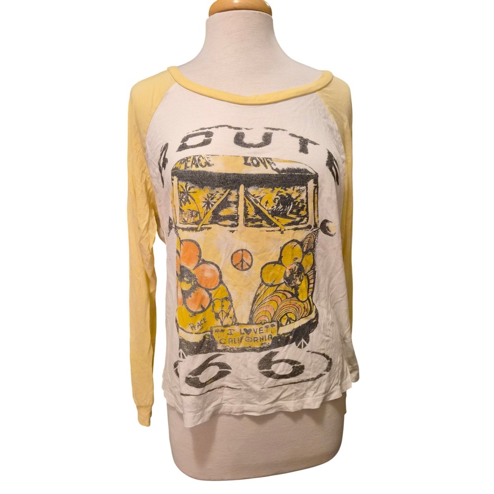 Lauren Moshi Route 66 Peace Love Bus Raglan Baseball Tee Yellow White Medium